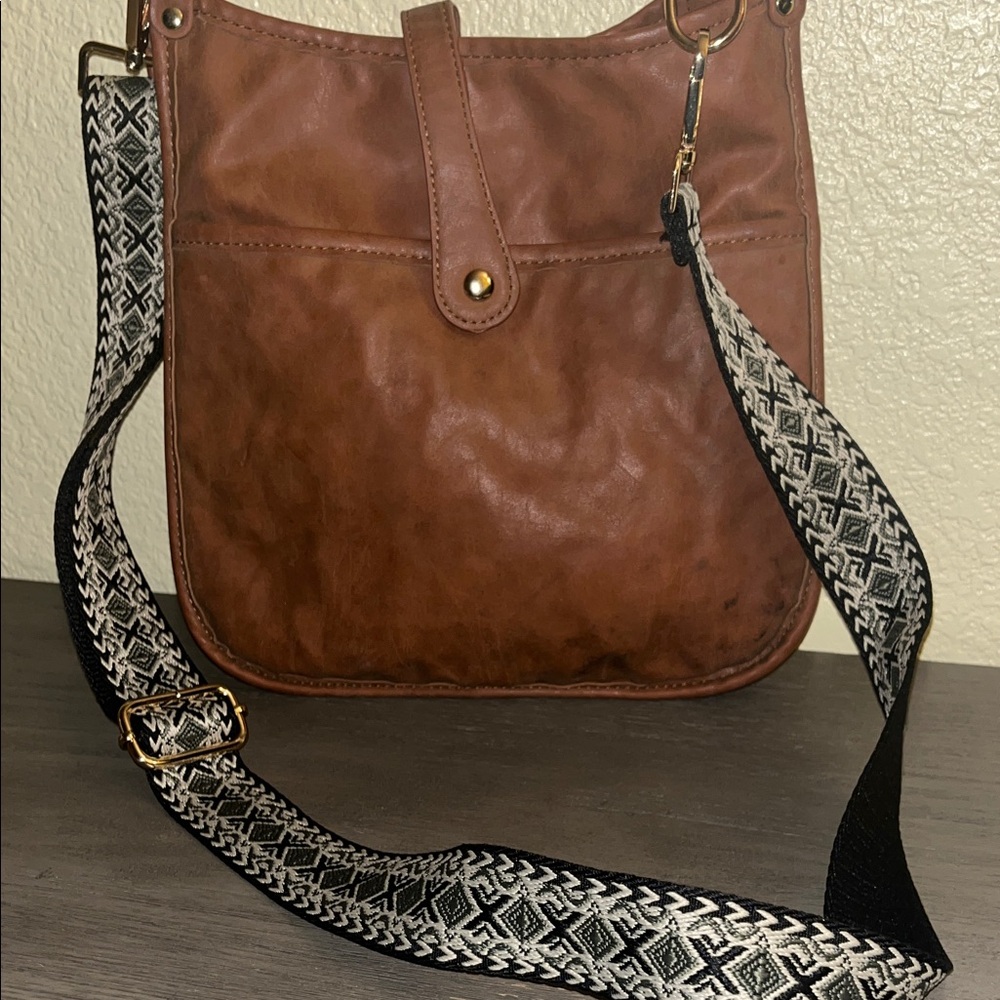 Brown Vegan Leather Crossbody Bag with patterned strap